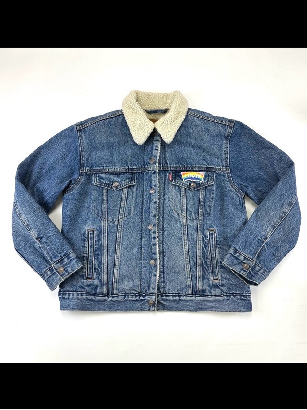 Levis ExBoyfriend Sherpa Trucker Jackets Womens Large Rainbow patch Denim Pride